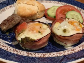 nested eggs with sausage, biscuit and veggies... breakfast at the 1795 Acorn Inn in Canandaigua is always included in your stay