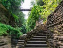 Just a few of the many steps (about 800) in Watkins Glen with bridge across and lush, green trees linking the gorge